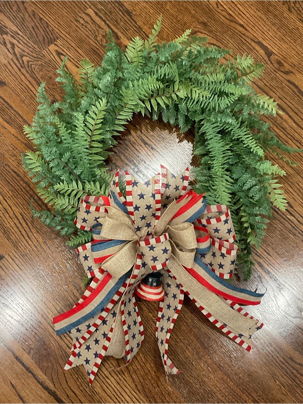Patriotic Fern Wreath with Red, Blue & Natural Bow